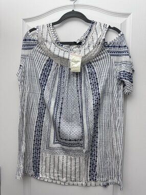 Lucky Brand Navy and White Cold-Shoulder Boho Top